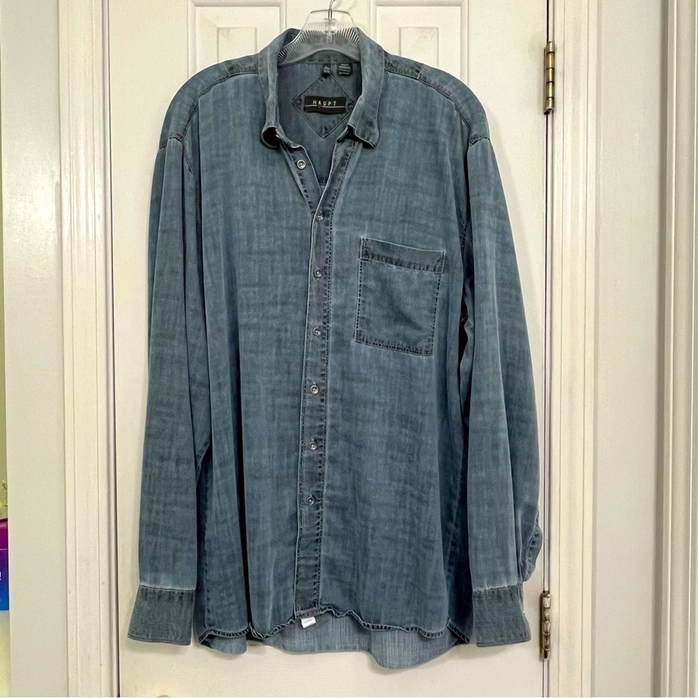 Haupt men’s 100% Lyocell chambray long sleeve button down shirt, large 16 1/2.